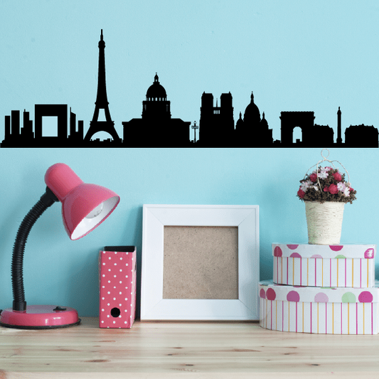 Black Paris skyline wall decal with Eiffel Tower and monuments silhouette