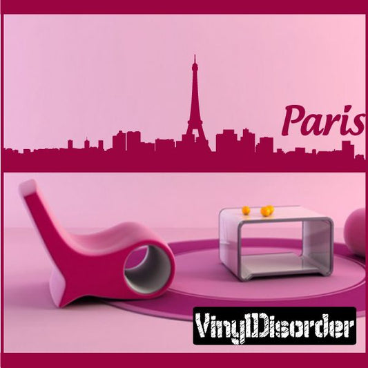Paris skyline wall decal with Eiffel Tower silhouette and script text