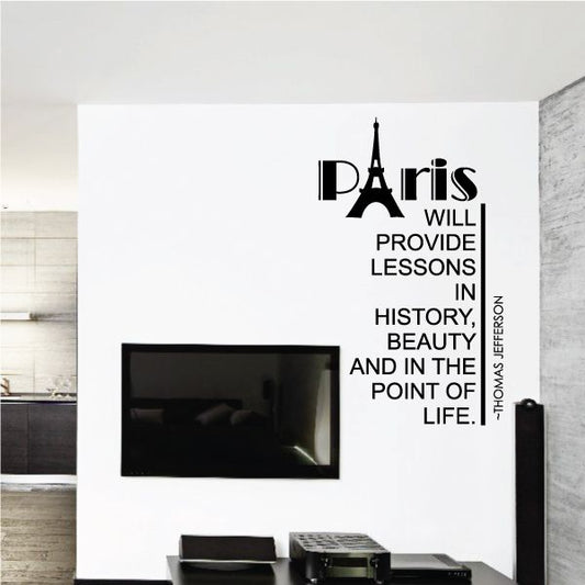 Paris lessons history wall decal with Eiffel Tower silhouette and black typography