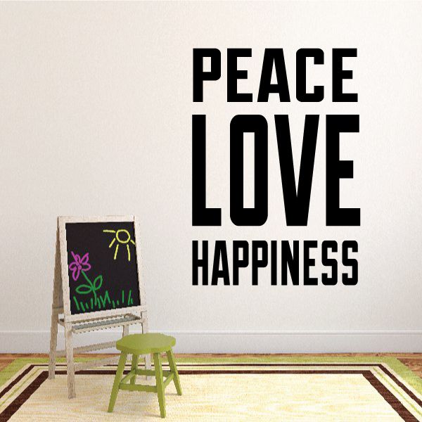 Wall decal with bold text: PEACE, LOVE, HAPPINESS