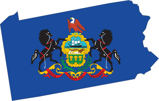 Pennsylvania state flag sticker in Pennsylvania outline, glossy graphic of coat of arms.
