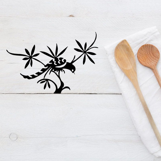 Black pheasant bird on branch wall decal with decorative star flowers