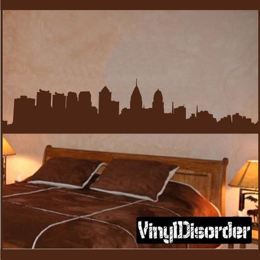 Philadelphia skyline wall decal silhouette in brown, with city buildings and spires.