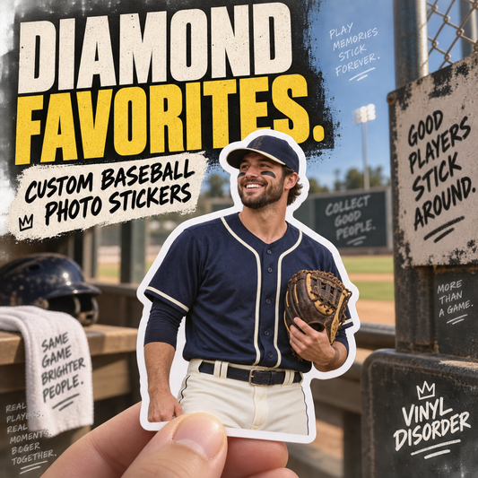 Die-cut baseball player photo sticker: man in navy jersey and cap holding a glove