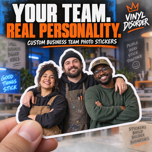 Custom business team photo stickers, die-cut vinyl sticker with three people portrait