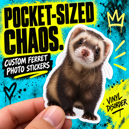 Custom photo sticker of a brown ferret on a white die-cut backing
