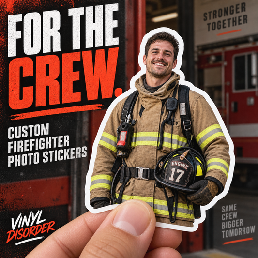 Custom firefighter photo sticker with rounded white border, smiling firefighter in turnout gear