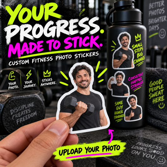 Custom fitness photo stickers: hand holding a die-cut photo sticker, several character stickers