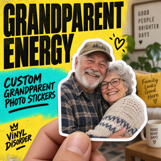 Custom photo sticker with die-cut border showing smiling elderly couple portrait