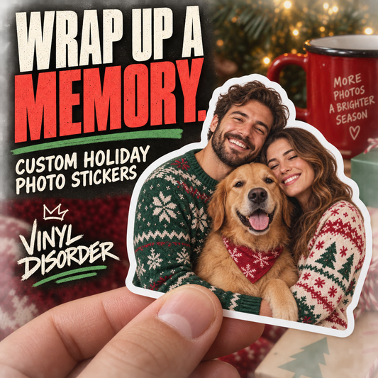 Holiday photo sticker, die-cut shape showing smiling couple with golden dog in festive sweaters