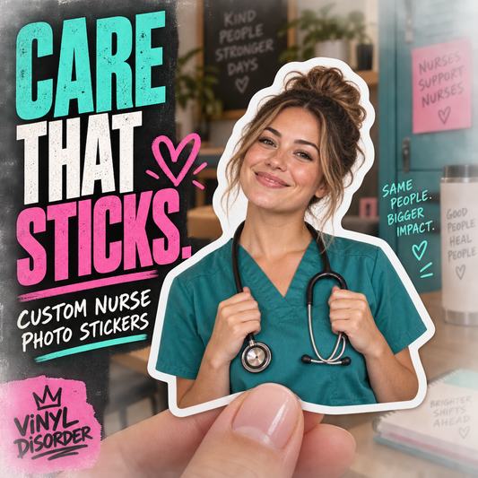 Custom nurse photo stickers, glossy cutout nurse in teal scrubs with stethoscope.