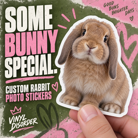 Custom rabbit photo sticker, tan bunny face on white die-cut backing, held by fingers