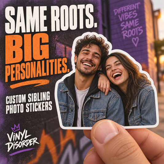 Custom sibling photo sticker, die-cut vinyl showing two smiling people hugging