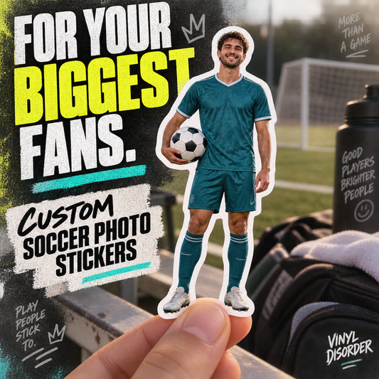 Custom soccer photo sticker of a teal-uniform player holding a soccer ball