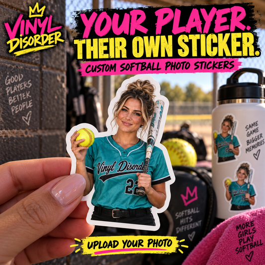 Custom softball photo sticker featuring a smiling player holding a softball