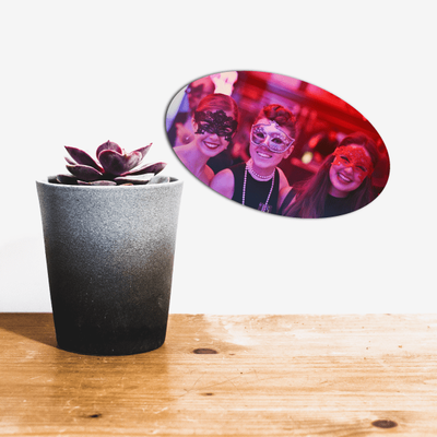 Custom photo stickers featuring a printed image of people, suitable for plant decoration