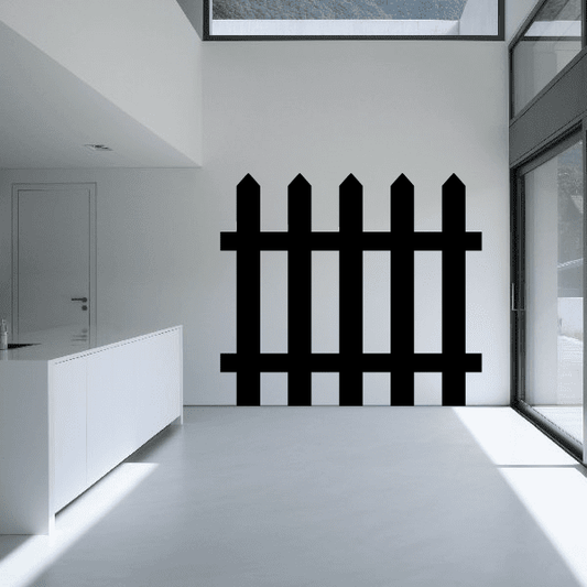 Black picket fence wall decal with vertical slats and cross rails