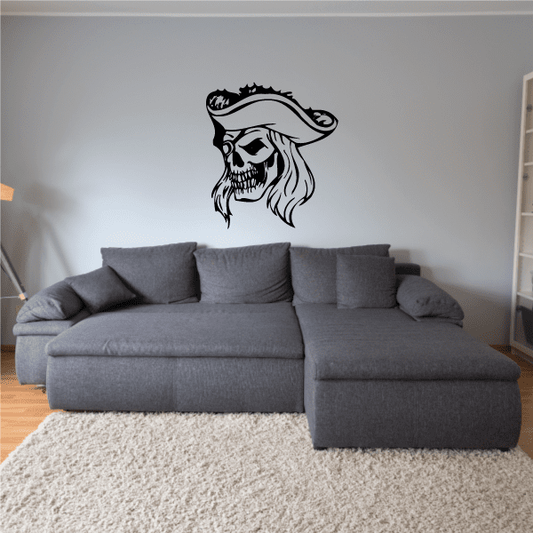 Pirate captain skull wall decal with black tricorn hat and white face illustration