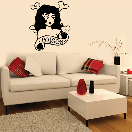 Poison woman wall decal with curly-haired portrait and “POISON” banner
