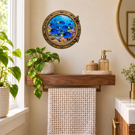 Round porthole wall sticker with blue tangs swimming over a colorful coral reef