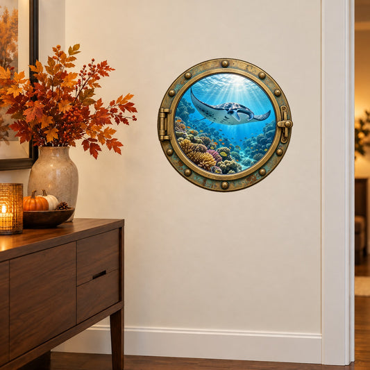 Manta ray porthole wall sticker with a colorful underwater reef scene and bronze-look frame
