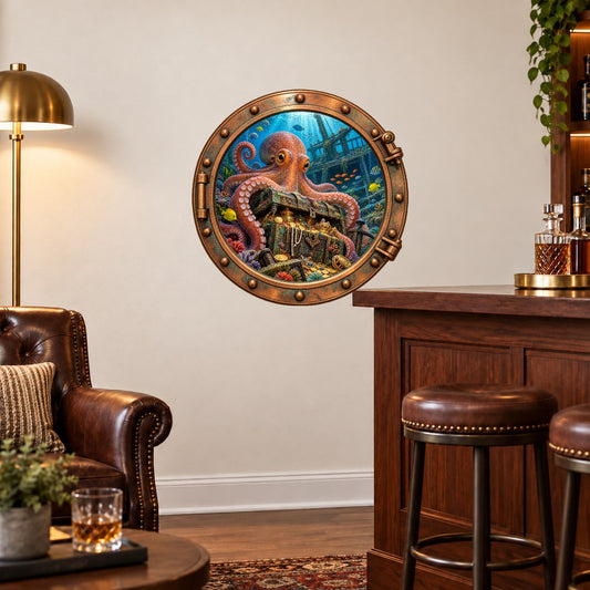 Round porthole wall sticker with an octopus guarding treasure in an underwater scene