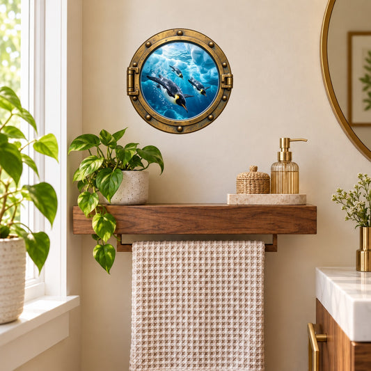 Penguins porthole wall sticker showing penguins swimming underwater in a brass-style frame