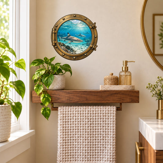 Reef Sharks porthole wall sticker with a brass-look frame and underwater shark scene