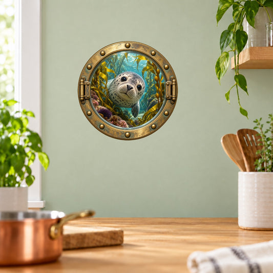 Round wall sticker with a brass porthole frame and a seal swimming among underwater plants