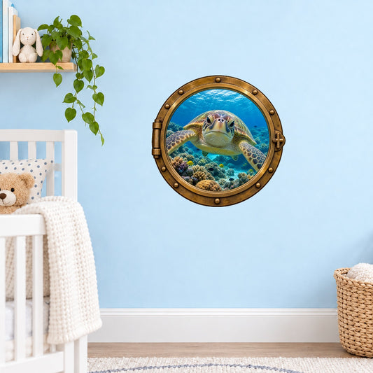 Turtle porthole wall sticker with a sea turtle above a coral reef