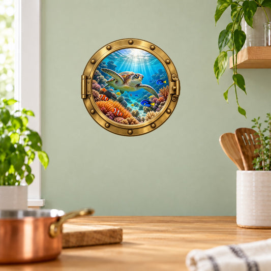 Round porthole wall sticker with a sea turtle swimming over a colorful coral reef