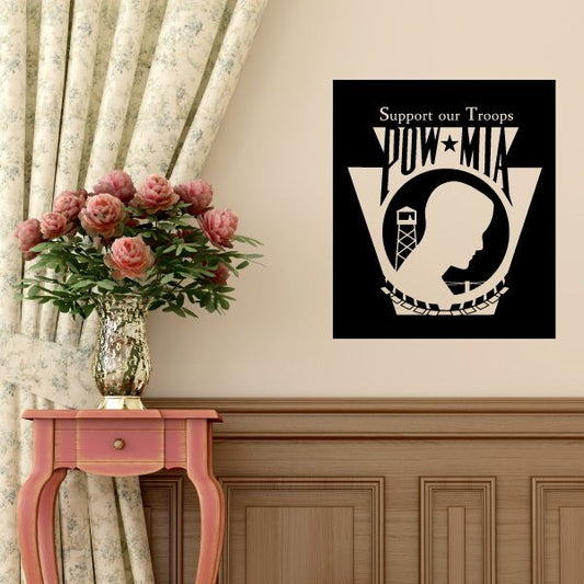 POW MIA block decal: black square with POW*MIA emblem and Support our Troops text