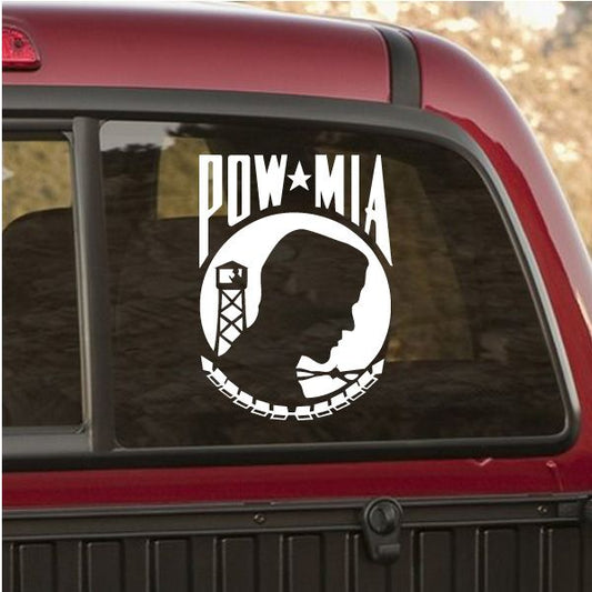 POW*MIA vinyl decal with circular POW*MIA text and soldier silhouette on car window