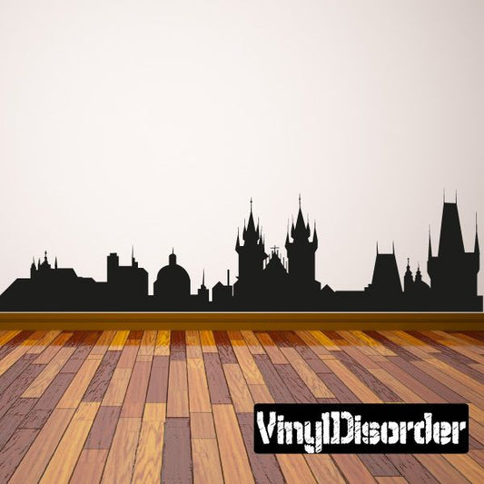 Prague skyline decal with dark castle silhouettes and bold white lettering