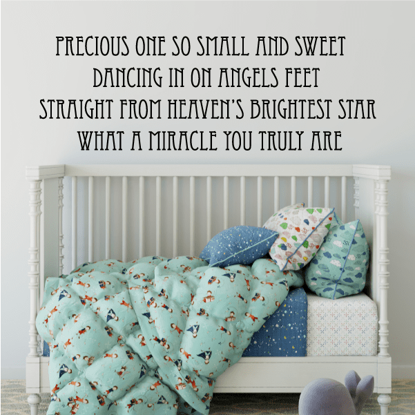 Wall quote decal with 'Precious one so small and sweet' decorative lettering