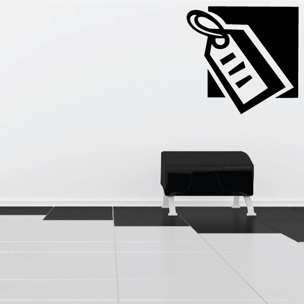 Black price tag decal with looped string and small label graphic