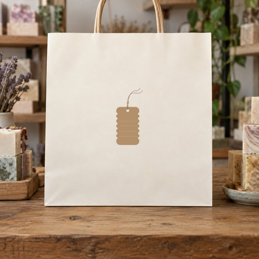 Beige hang tag price label with string on white paper bag