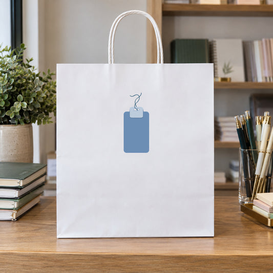 Price tag sticker with blue paper tag on white string loop