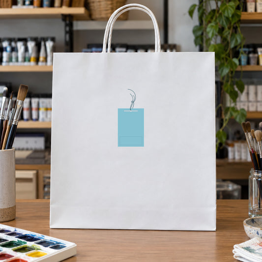 White paper shopping bag with blue price tag sticker