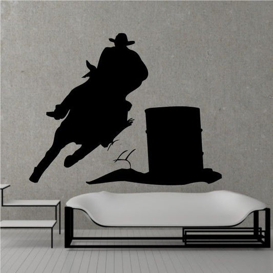 Horse racing barrel decal with cowboy on a dark silhouette horse and barrel