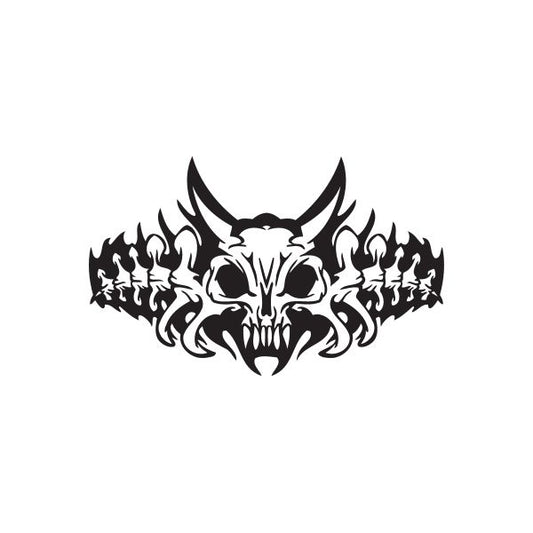 Racing skull and flame vinyl wall decal, black graphic with horns