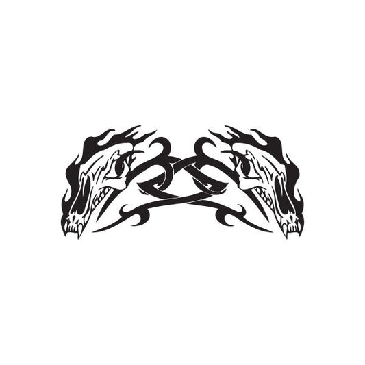 Racing graphic wall decal, two flame skull heads with crossed emblem, black and white