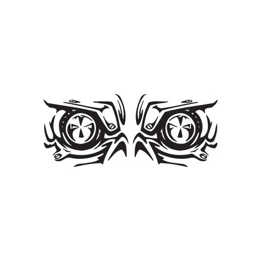 Racing vinyl wall decal with twin tire-eye graphic in black and white