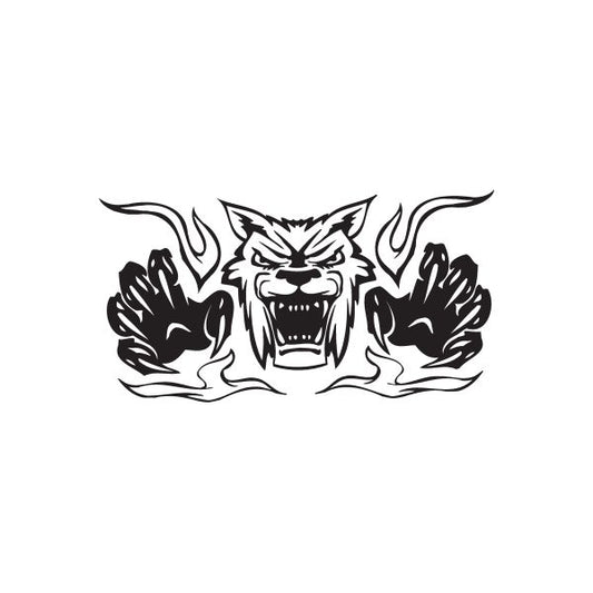 Racing graphic wall decal with snarling monster face and claw hands in black and white