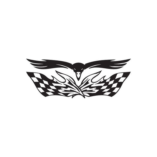 Racing graphic wall decal: black and white winged emblem with checkered flags