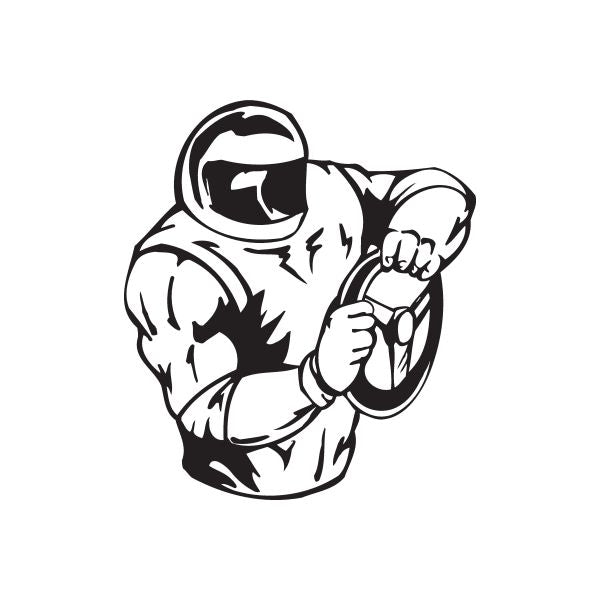 Racing wall decal of black helmeted driver holding a steering wheel