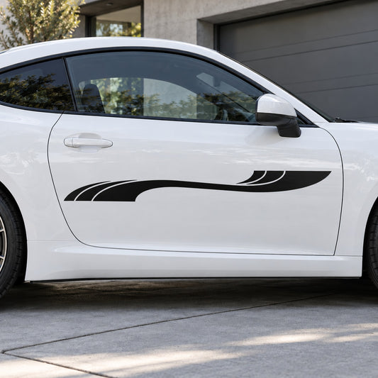 Racing vehicle pinstripe vinyl decal in black, applied along a car door