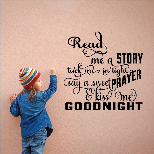 Story wall decal with black whimsical text: Read me a story, prayer, goodnight