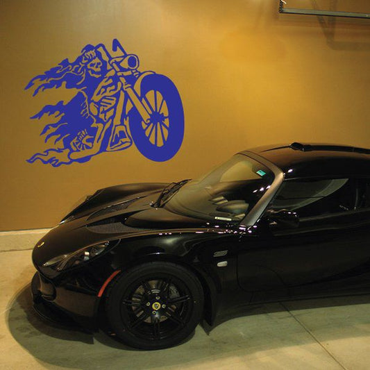 Vinyl reaper skull wall decal, blue skeleton holding a scythe with a wheel