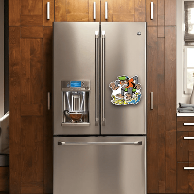 Cartoon character refrigerator magnet on stainless steel fridge door